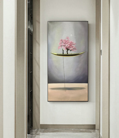 An Abstract Painting of a Floating Canoe,Abstract Oil Painting Artwork,Peach Blossom Tree Painting,Sailboat Painting Wooden Tall Ship Art
