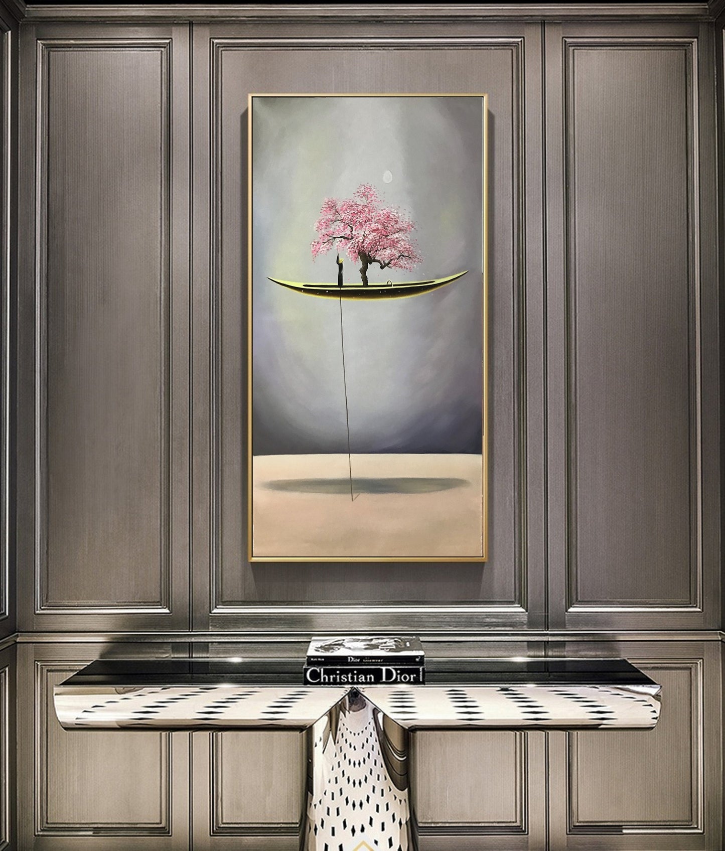 An Abstract Painting of a Floating Canoe,Abstract Oil Painting Artwork,Peach Blossom Tree Painting,Sailboat Painting Wooden Tall Ship Art