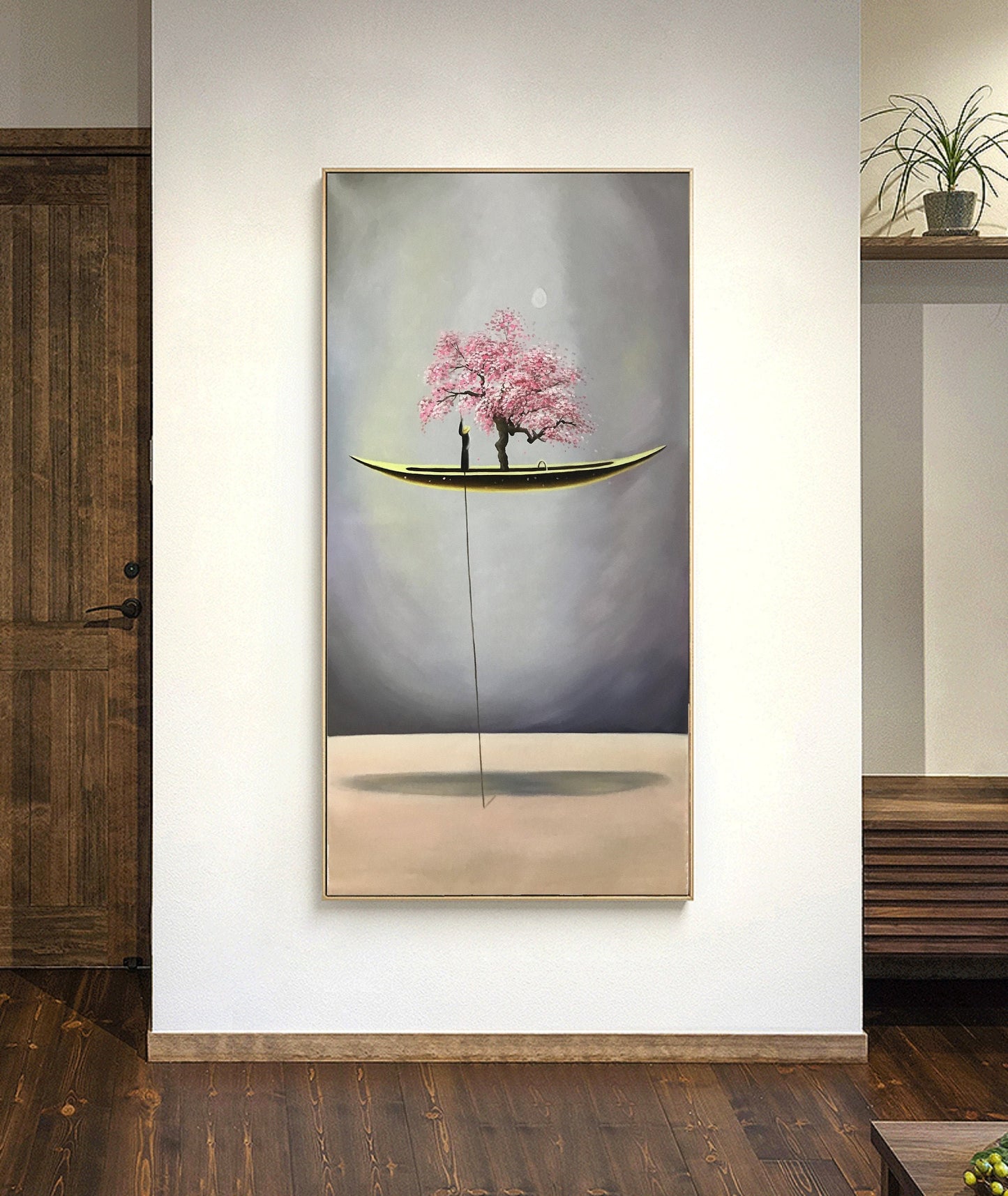 An Abstract Painting of a Floating Canoe,Abstract Oil Painting Artwork,Peach Blossom Tree Painting,Sailboat Painting Wooden Tall Ship Art