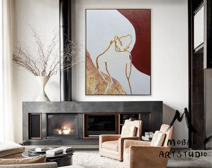 Original Sexy Women Abstract painting, Minimalist Art, Gold Painting Beige Abstract Painting, Large Abstract Painting, Large Sofa Wall Art