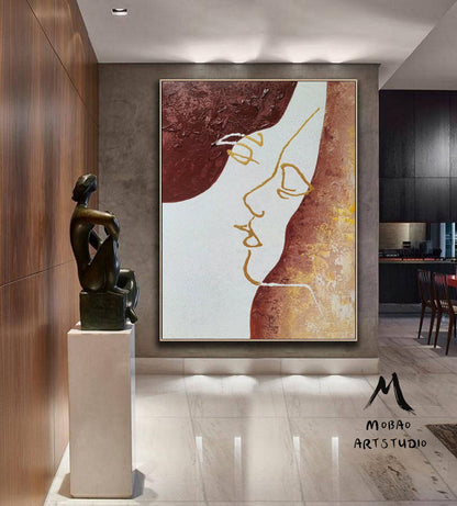 Sexy Women Abstract painting, Original Minimalist Art, Gold Painting Beige Abstract Painting,Large Abstract Painting, Large Sofa Wall Art