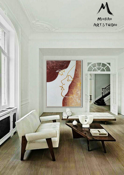 Sexy Women Abstract painting, Original Minimalist Art, Gold Painting Beige Abstract Painting,Large Abstract Painting, Large Sofa Wall Art