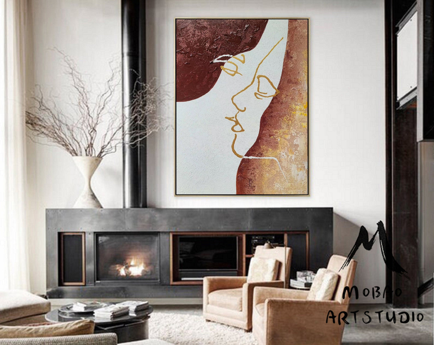 Sexy Women Abstract painting, Original Minimalist Art, Gold Painting Beige Abstract Painting,Large Abstract Painting, Large Sofa Wall Art