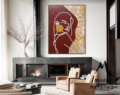 Sexy Women Abstract Painting, Original Minimalist Art, Red Painting Gold Abstract Painting,Large Abstract Painting, Large Sofa Wall Art