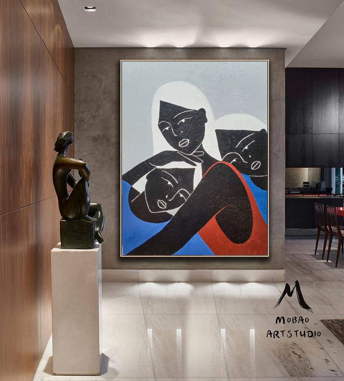 Original Black Women Art Painting Minimalist Art Abstract Painting, Blue Abstract Painting, Large Abstract Painting, Large Sofa Wall Art