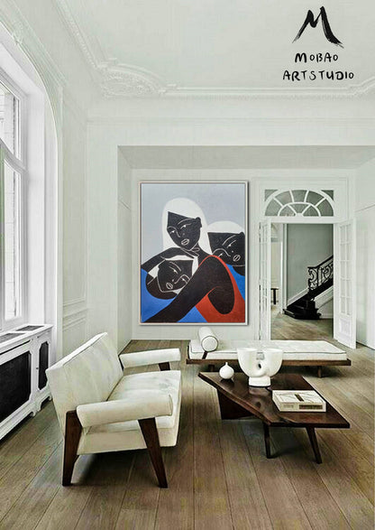 Original Black Women Art Painting Minimalist Art Abstract Painting, Blue Abstract Painting, Large Abstract Painting, Large Sofa Wall Art