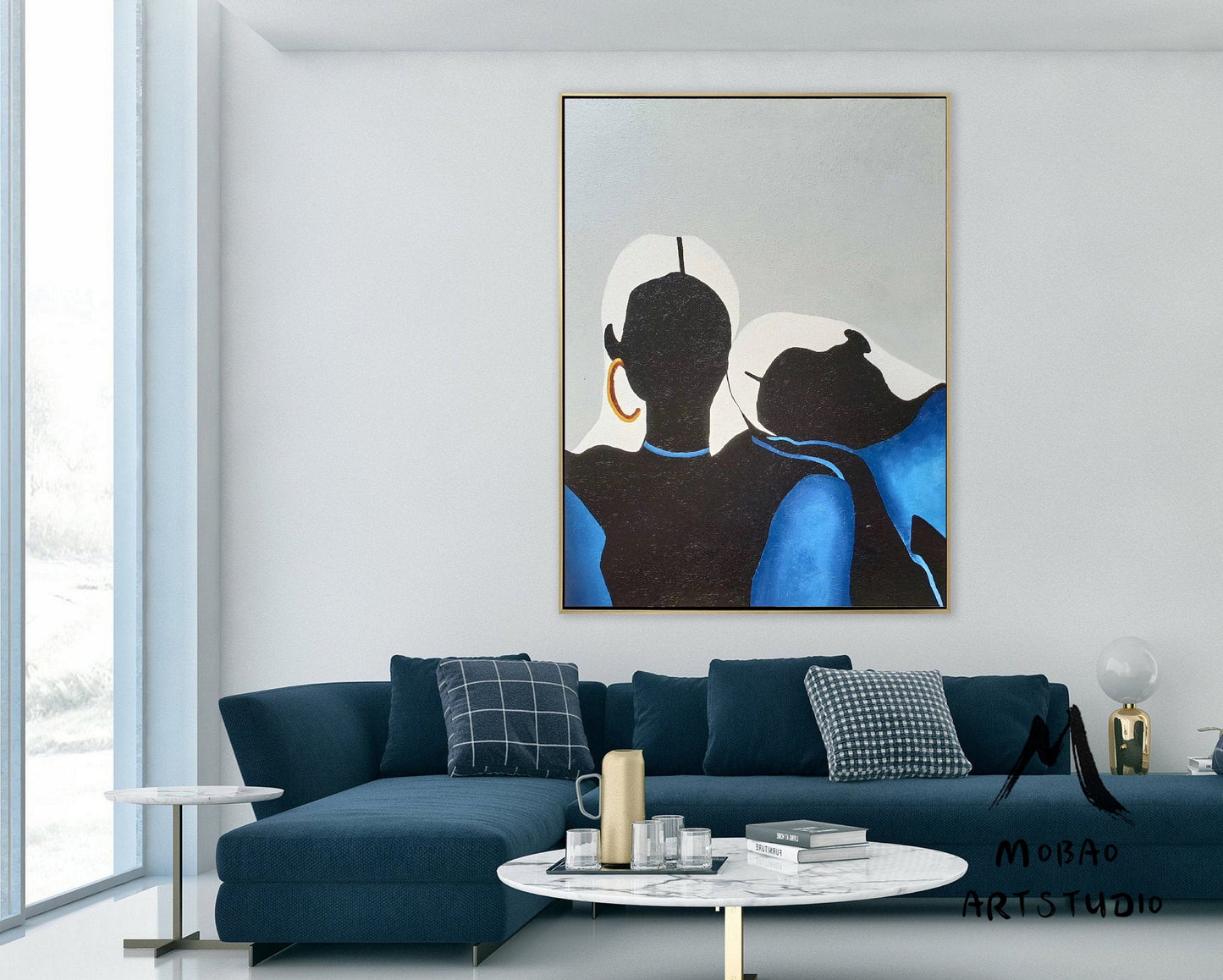 Original Sexy Women Minimalist Art Abstract Painting, Black Painting Blue Abstract Painting, Large Abstract Painting, Large Sofa Wall Art