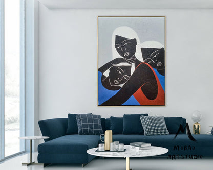 Original Black Women Art Painting Minimalist Art Abstract Painting, Blue Abstract Painting, Large Abstract Painting, Large Sofa Wall Art