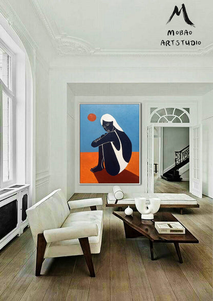 Large Abstract Painting Original, Minimalist Art Abstract Painting, Black Women Art Painting Blue Abstract Painting, Large Sofa Wall Art