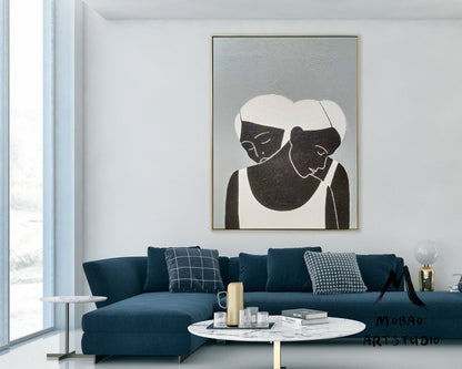 Large Black Women Abstract Painting Original,Minimalist Art,Black and White Abstract Painting, Gray Abstract Painting, Large Living Room Art