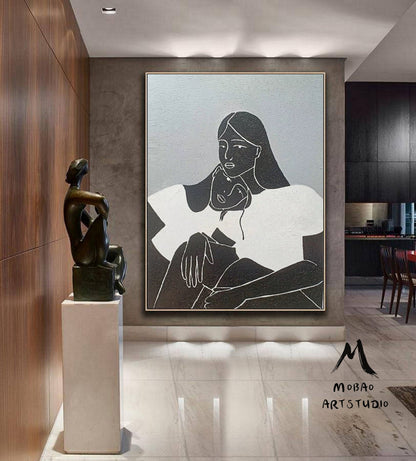 Large Black and White Abstract Painting, Black Women Abstract Painting Original,Minimalist Art,Gray Abstract Painting, Large Living Room Art