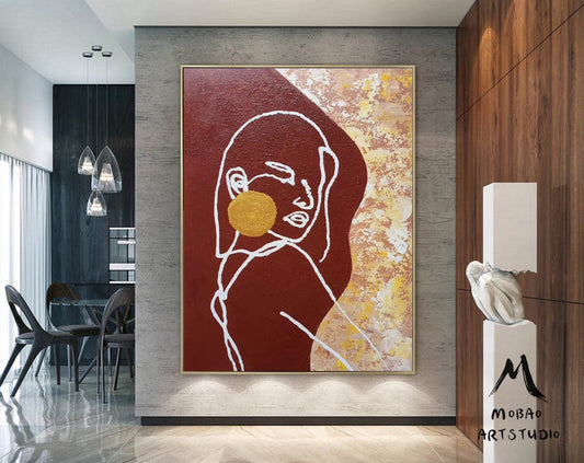 Sexy Women Abstract Painting, Original Minimalist Art, Red Painting Gold Abstract Painting,Large Abstract Painting, Large Sofa Wall Art