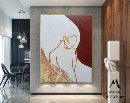Original Sexy Women Abstract painting, Minimalist Art, Gold Painting Beige Abstract Painting, Large Abstract Painting, Large Sofa Wall Art