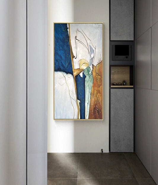 Large Blue Abstract painting Beige Wall Art Beige Canvas Painting Gold Abstract Art Blue Minimalism Painting Gold Canvas Wall Art Painting