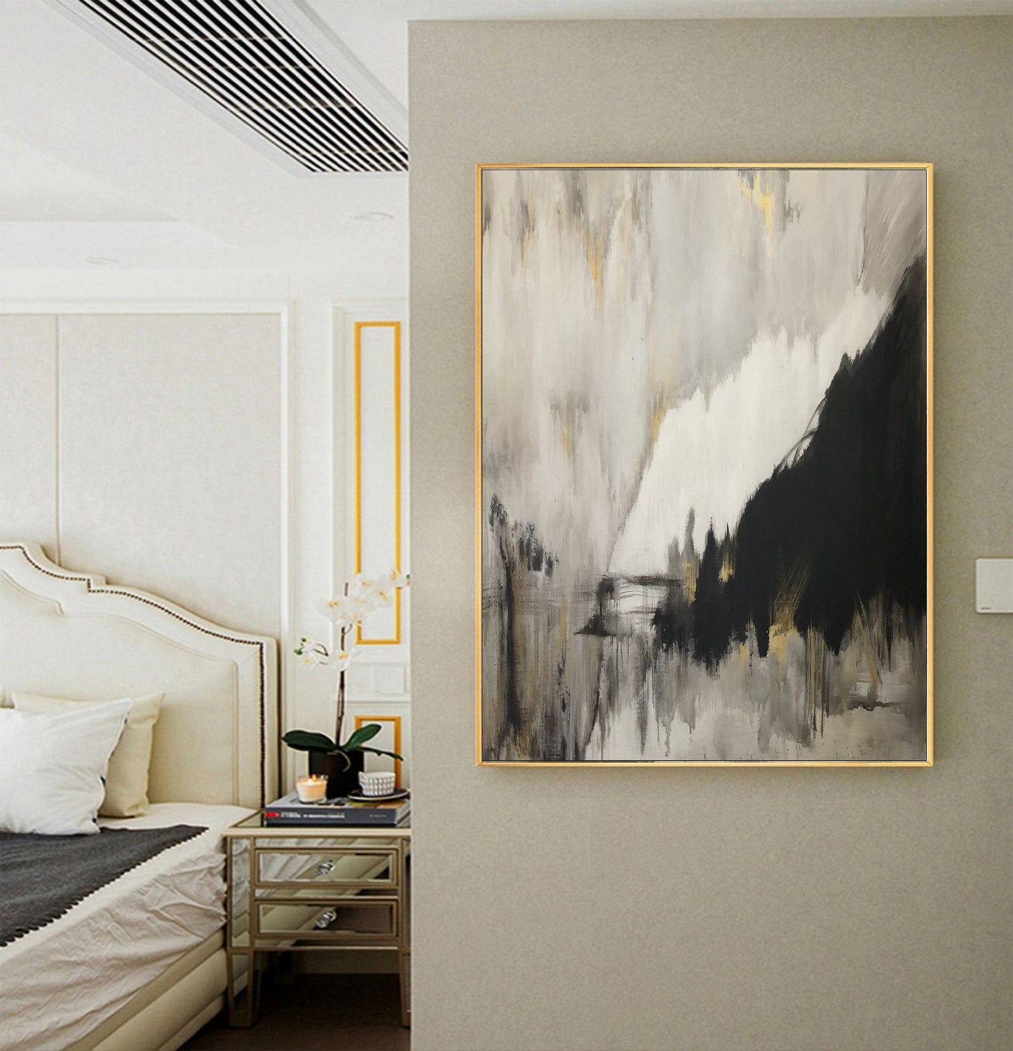Original Gray Abstract Minimalist Art Painting, Gold Painting Black Painting, Large Abstract Painting, Large Living Room Art Canvas Painting