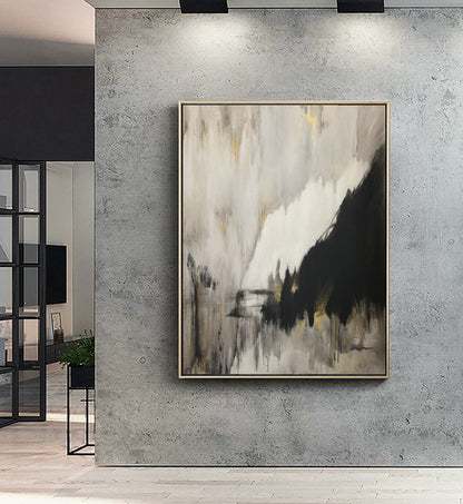 Original Gray Abstract Minimalist Art Painting, Gold Painting Black Painting, Large Abstract Painting, Large Living Room Art Canvas Painting