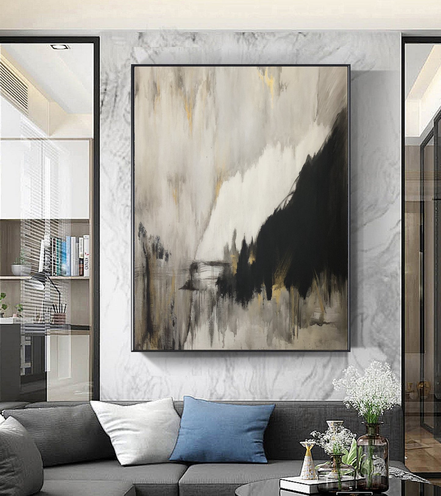 Original Gray Abstract Minimalist Art Painting, Gold Painting Black Painting, Large Abstract Painting, Large Living Room Art Canvas Painting