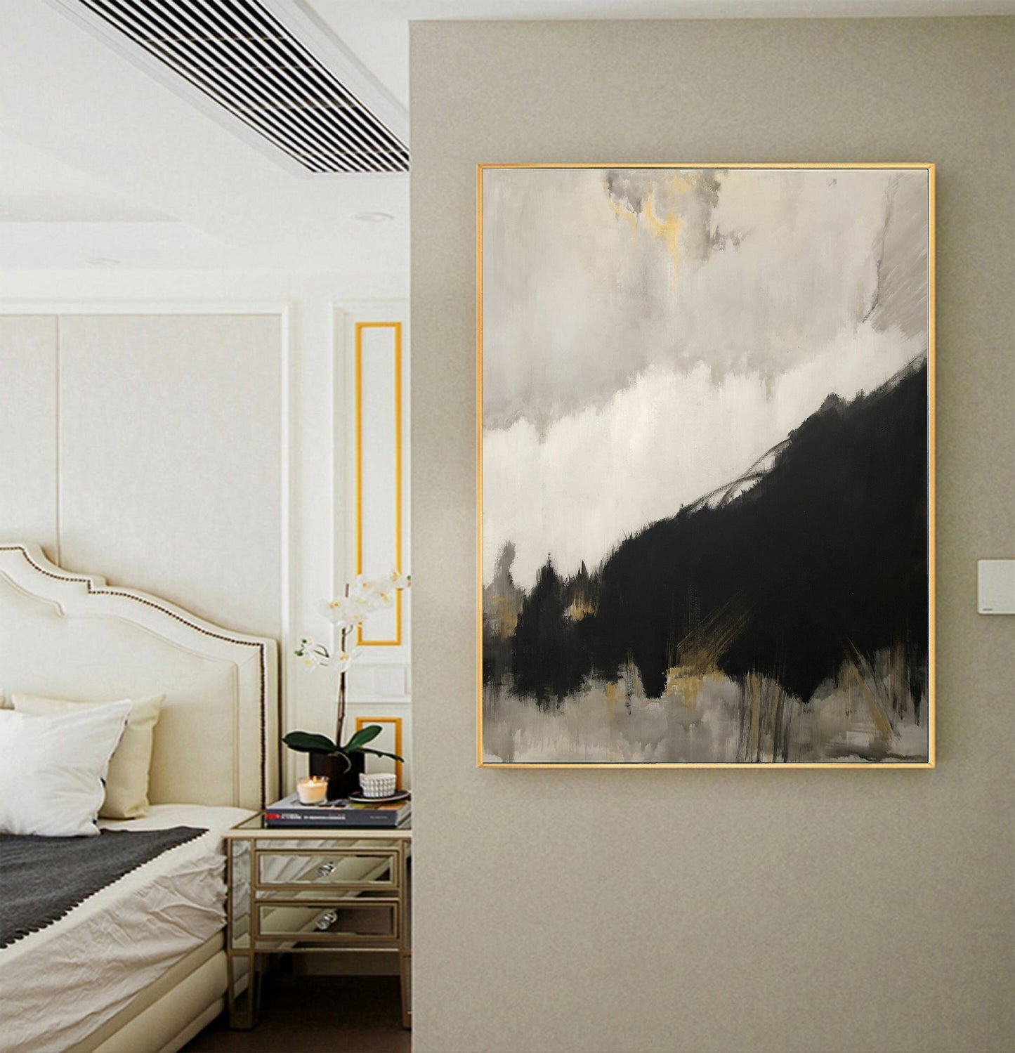Original Black Abstract Minimalist Art Painting, Gold Painting Gray Painting, Large Abstract Painting, Large Living Room Art Oil Painting