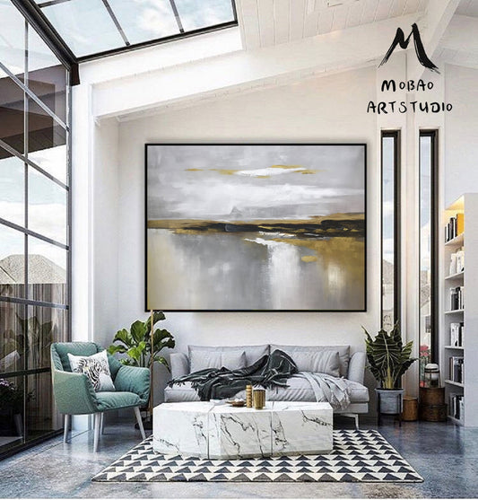 Large Abstract Painting Gold Painting Landscape Painting Gray Painting Beige Abstract Painting Art Abstract Canvas Art Original Office Decor