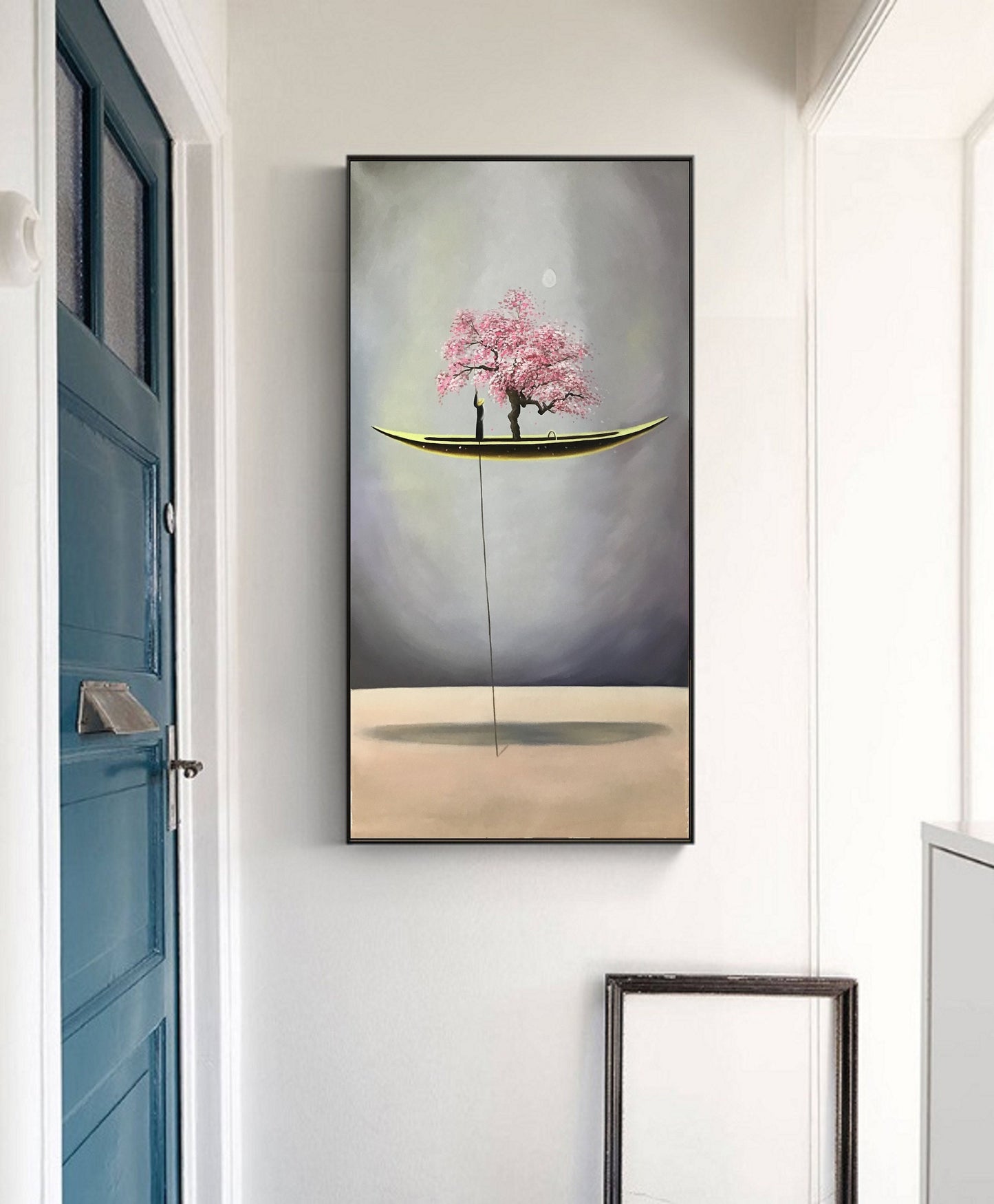 An Abstract Painting of a Floating Canoe,Abstract Oil Painting Artwork,Peach Blossom Tree Painting,Sailboat Painting Wooden Tall Ship Art