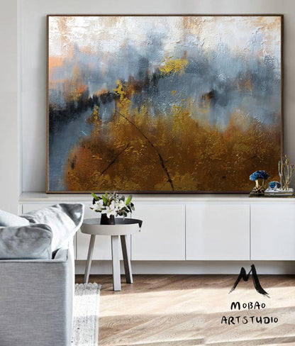 Large Abstract Painting, Large Gray Painting Gold Abstract Art Extra Large Painting on Canvas,Contemporary Art,Golden large texture painting