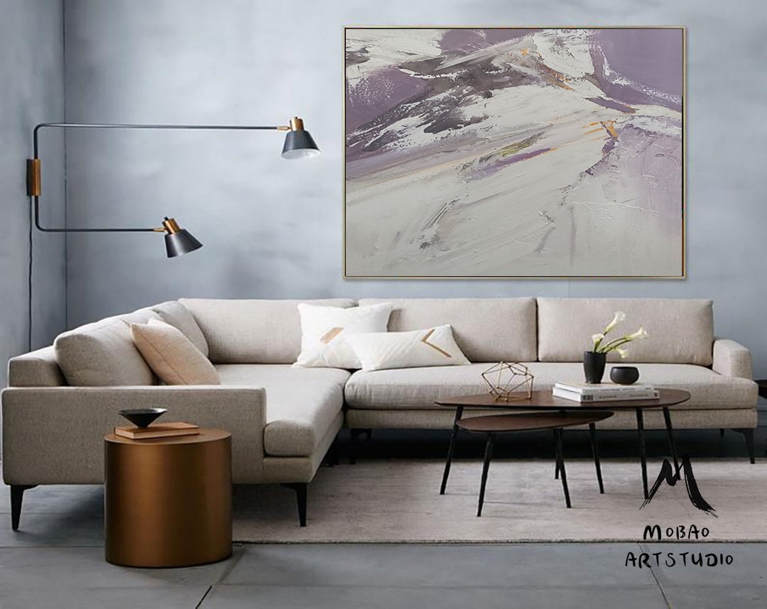 Original White Textured Abstract Painting,Original Purple Painting,Handmade Abstract Art,Modern Landscape Abstract Painting,Office Wall Art