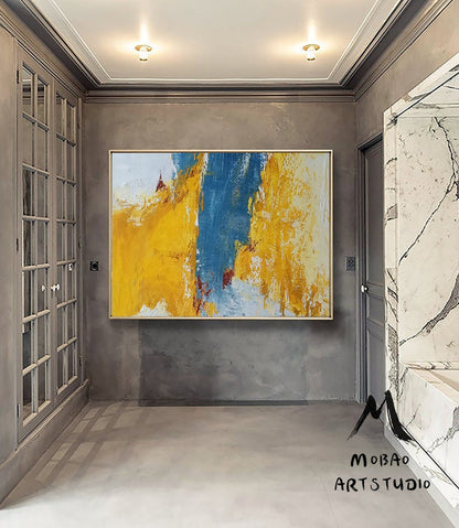 Large Wall Yellow Abstract Painting, Blue Abstract Painting, Textured Abstract Painting, Original Minimalist Style Painting,Contemporary Art