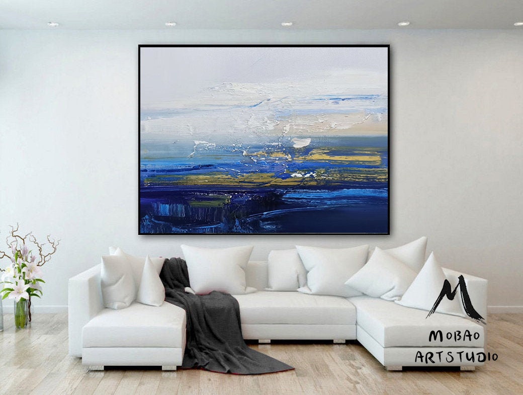 Original Large Sea Landscape Painting, Large Texture Blue Ocean Abstract Painting,Sky Abstract Painting,Large Wall Ocean Abstract Painting