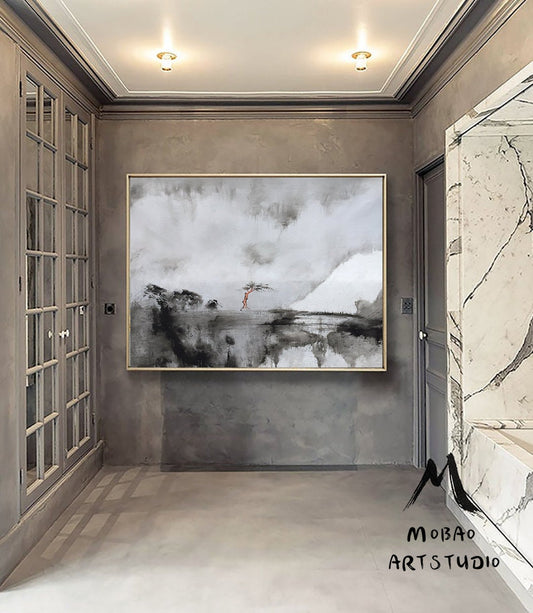 Large Abstract Painting On Canvas,White Painting Gray Painting Abstract Painting,Lagre Rural Landscape Painting,Abstract Art,Wall Art Decor