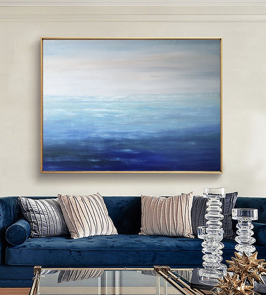 Large Blue Sea Abstract Art, Light Blue Ocean Abstract Painting,Sea Wave Abstract Canvas Oil Painting,Beige Sky Abstract Landscape Painting