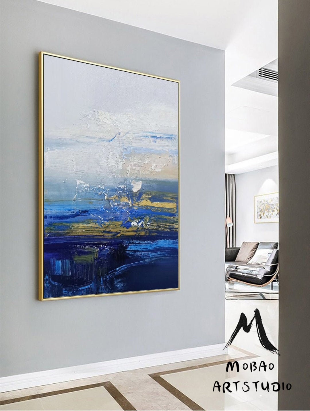 Original Deep Blue Sea Abstract Art Sky Landscape Painting,Sea Textured Abstract Painting,Abstract Art Oil Painting,Large Wall Sea Painting