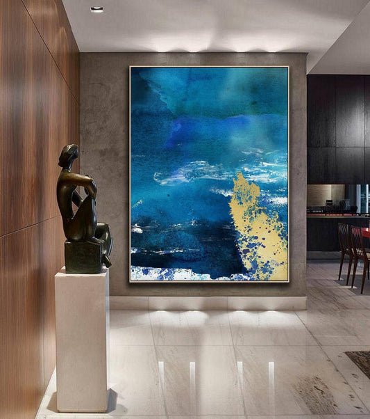 Large Blue Abstract Art Painting, Large Sky Sea Painting On Canvas, Blue Abstract Painting, Yellow Painting Artwork Original, Room Wall Art