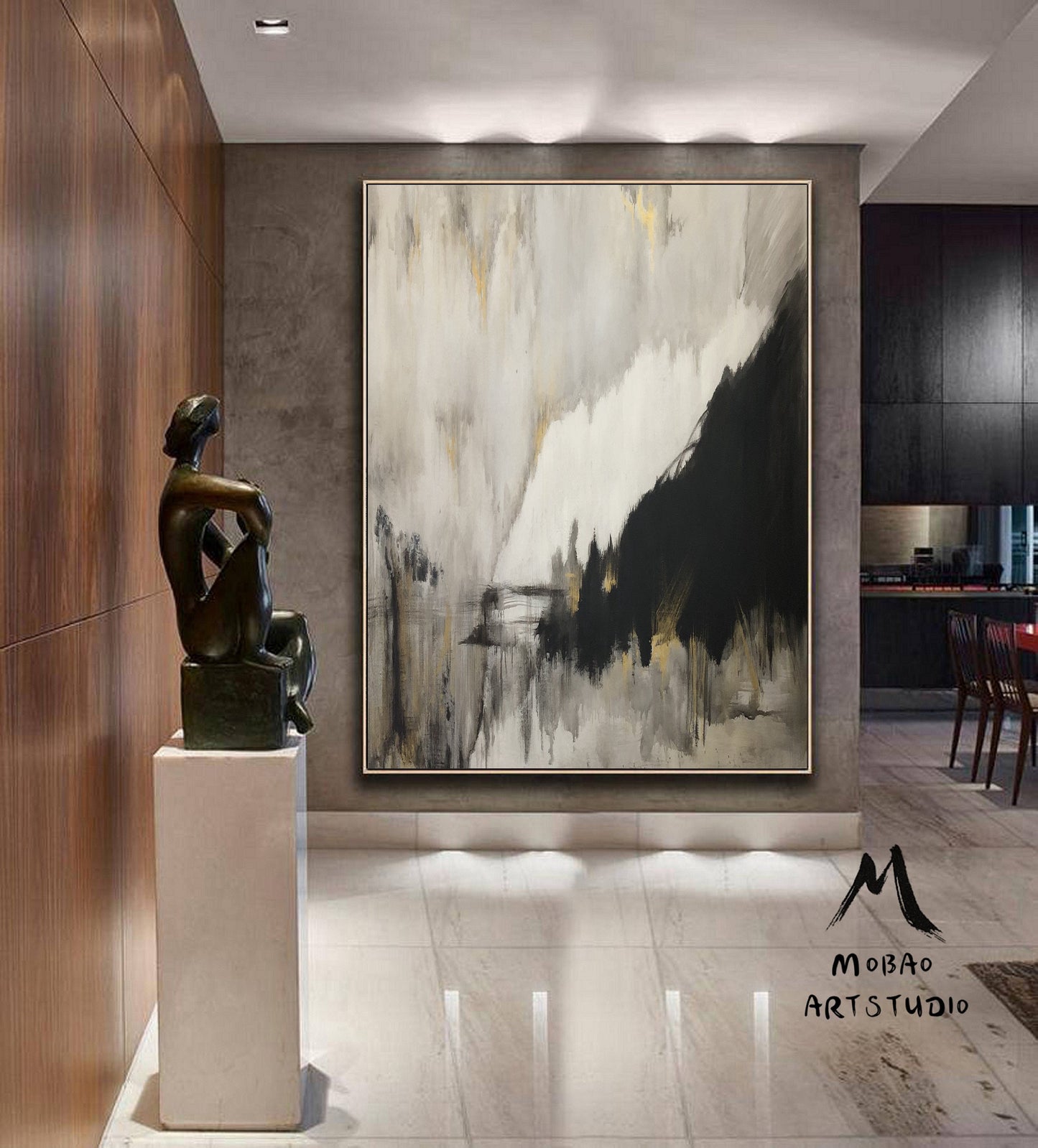 Original Gray Abstract Minimalist Art Painting, Gold Painting Black Painting, Large Abstract Painting, Large Living Room Art Canvas Painting