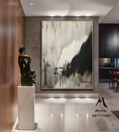 Original Gray Abstract Minimalist Art Painting, Gold Painting Black Painting, Large Abstract Painting, Large Living Room Art Canvas Painting