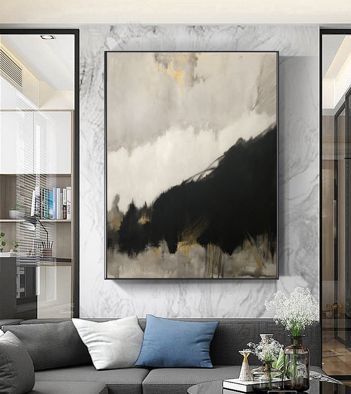 Original Black Abstract Minimalist Art Painting, Gold Painting Gray Painting, Large Abstract Painting, Large Living Room Art Oil Painting