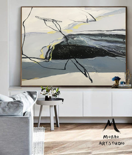 Large Abstract Painting,Original Black Painting Gray Painting, Minimalist Abstract Painting,Abstract Painting,Contemporary Art,Sofa wall art
