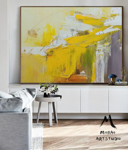 Large Original Yellow Textured Abstract Painting,White Abstract Art,Modern Handmade Abstract Painting,Contemporary Art,Office Wall Art