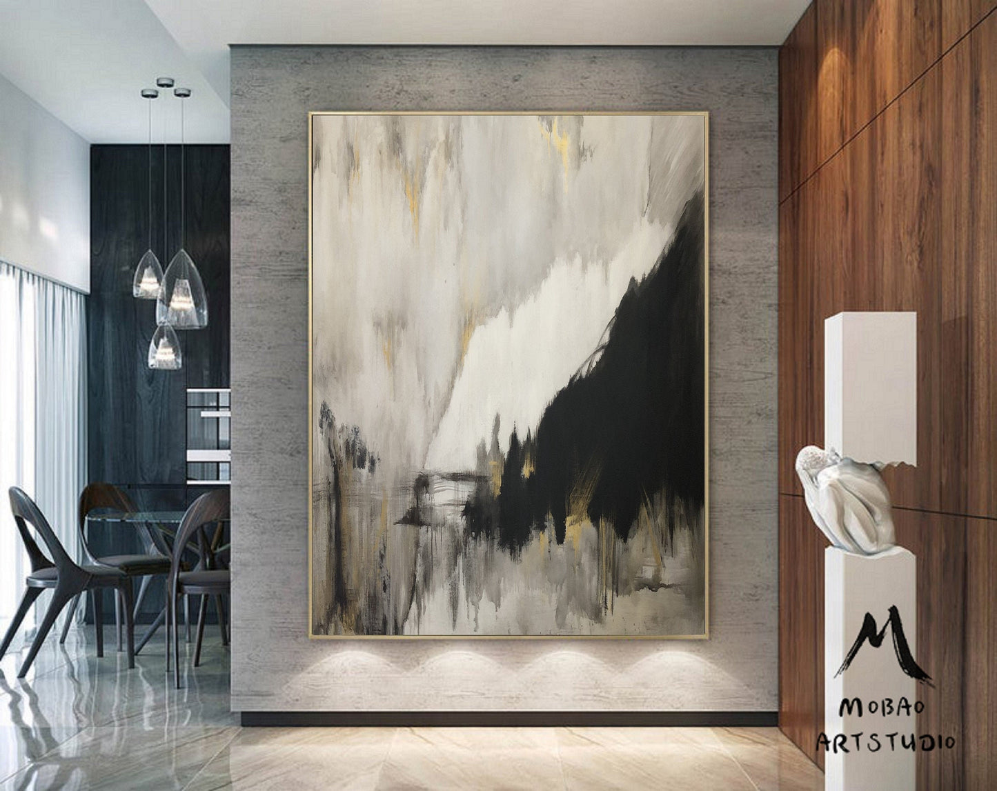 Original Gray Abstract Minimalist Art Painting, Gold Painting Black Painting, Large Abstract Painting, Large Living Room Art Canvas Painting