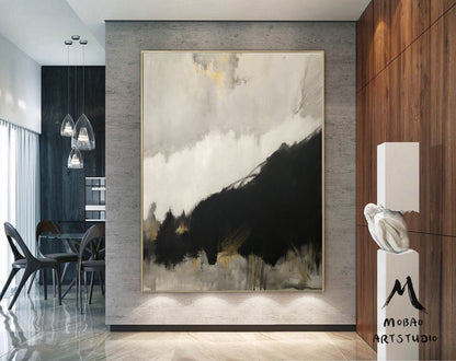 Original Black Abstract Minimalist Art Painting, Gold Painting Gray Painting, Large Abstract Painting, Large Living Room Art Oil Painting