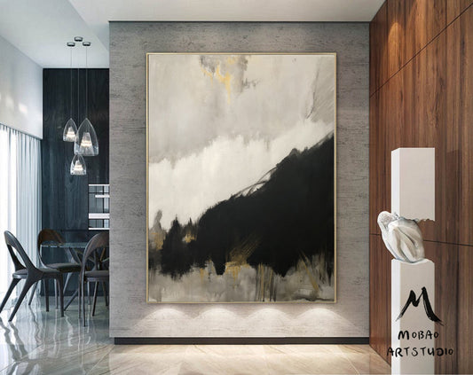 Original Black Abstract Minimalist Art Painting, Gold Painting Gray Painting, Large Abstract Painting, Large Living Room Art Oil Painting