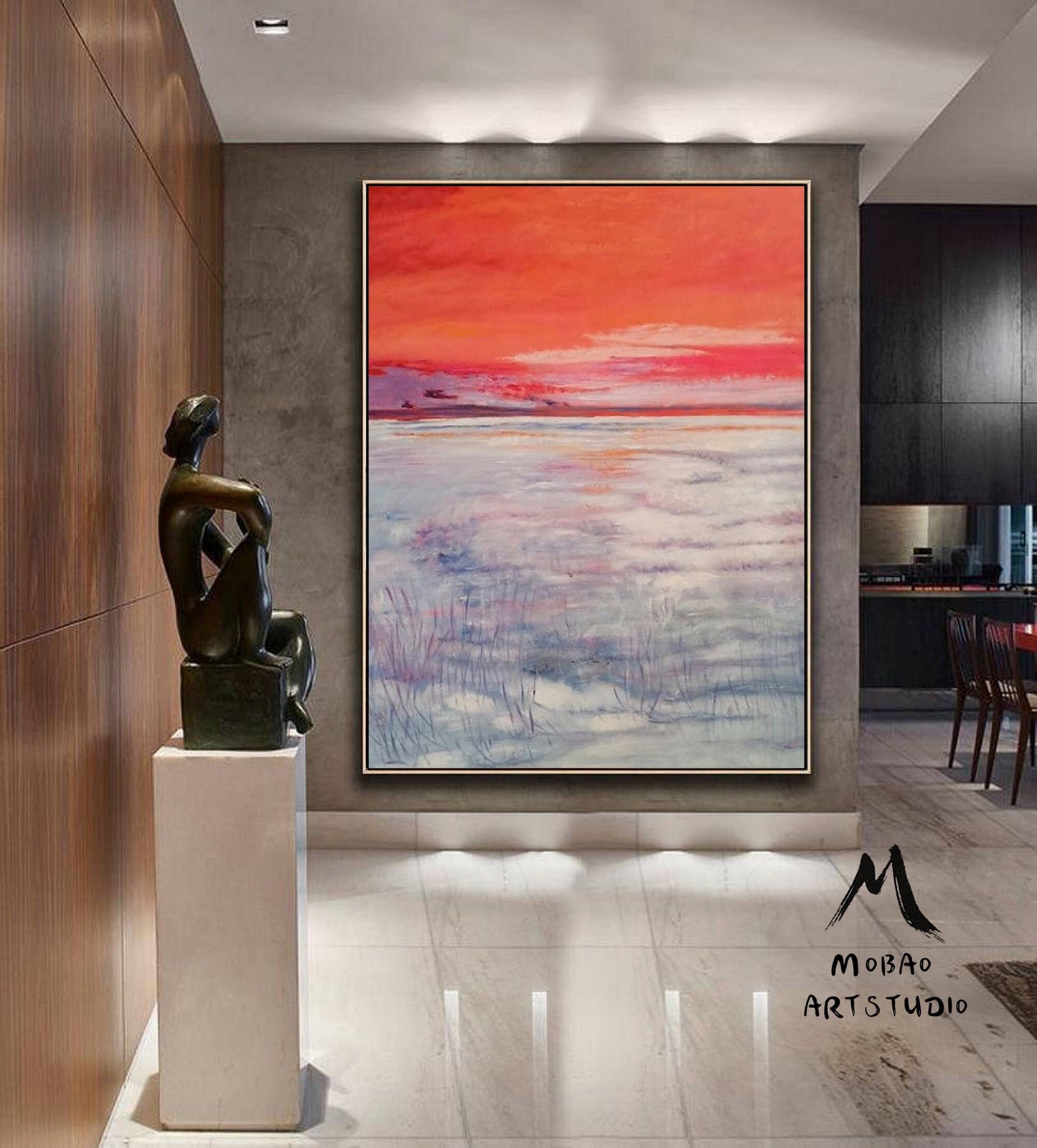 Red Sky Abstract Painting,Large Sky Abstract Painting Original Purple Abstract Painting, Large Wall Canvas Snow Painting,Canvas Abstract Art
