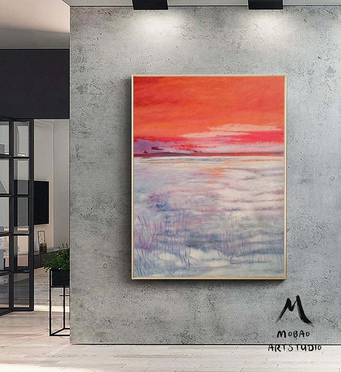 Red Sky Abstract Painting,Large Sky Abstract Painting Original Purple Abstract Painting, Large Wall Canvas Snow Painting,Canvas Abstract Art