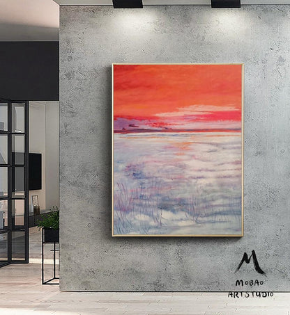 Red Sky Abstract Painting,Large Sky Abstract Painting Original Purple Abstract Painting, Large Wall Canvas Snow Painting,Canvas Abstract Art