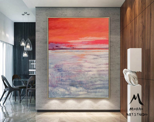 Red Sky Abstract Painting,Large Sky Abstract Painting Original Purple Abstract Painting, Large Wall Canvas Snow Painting,Canvas Abstract Art