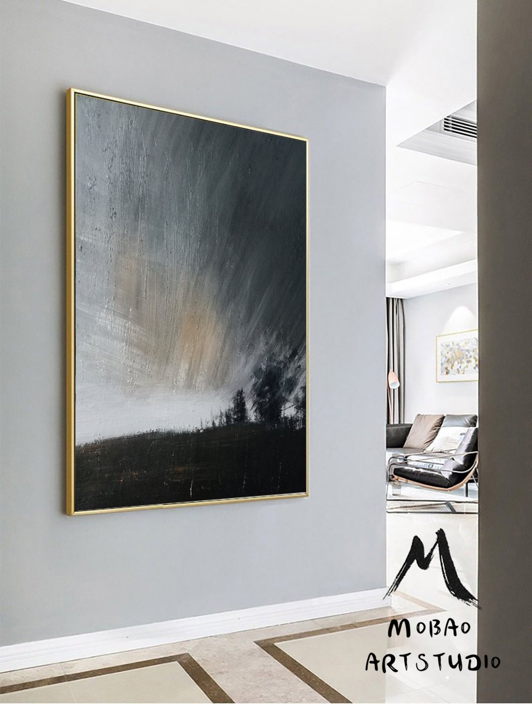 Original Gray Sky Abstract Painting, Large Wall Art Abstract Oil Painting,Extra Large Wall Art Black Abstract Painting,Large Sky Painting