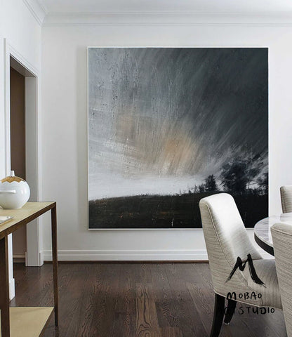 Original Gray Sky Abstract Painting, Large Wall Art Abstract Oil Painting,Extra Large Wall Art Black Abstract Painting,Large Sky Painting
