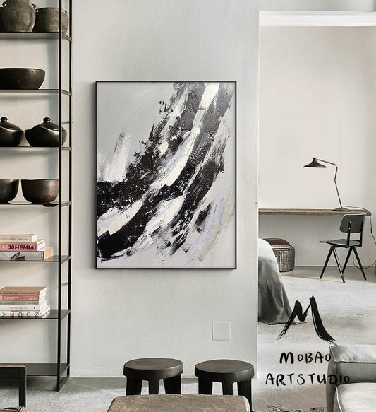 Large Abstract Painting,Modern Abstract Painting,Oil Hand Painting,Gray White Painting Black Painting,Office Wall Art,Original Textured Art