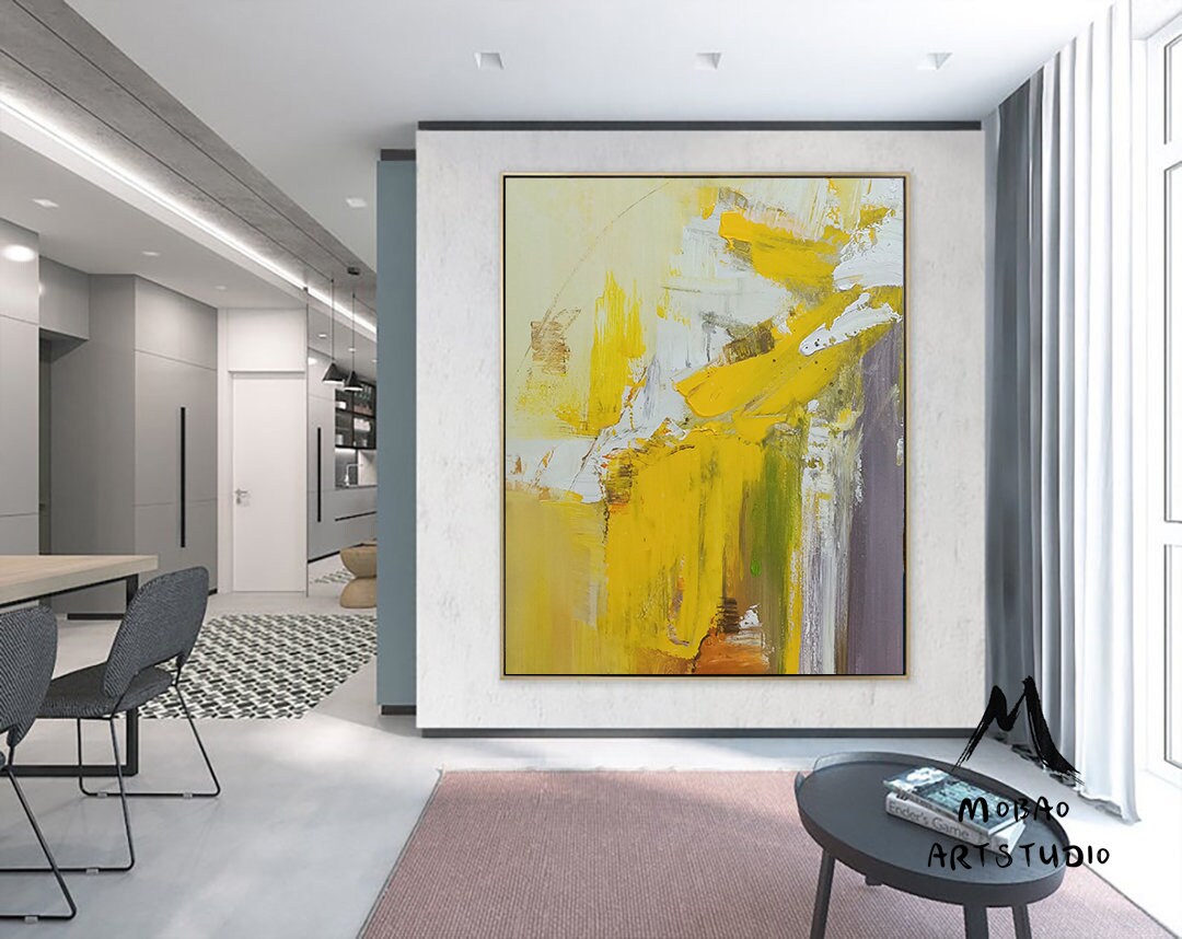 Large Yellow Textured Abstract Painting,Original White Abstract Modern Handmade Abstract Painting,Contemporary Art,Sofa Wall Art Painting