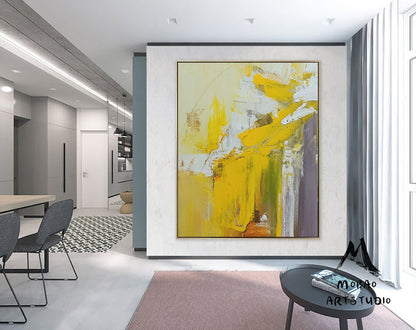 Large Yellow Textured Abstract Painting,Original White Abstract Modern Handmade Abstract Painting,Contemporary Art,Sofa Wall Art Painting