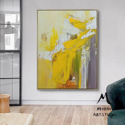 Large Yellow Textured Abstract Painting,Original White Abstract Modern Handmade Abstract Painting,Contemporary Art,Sofa Wall Art Painting